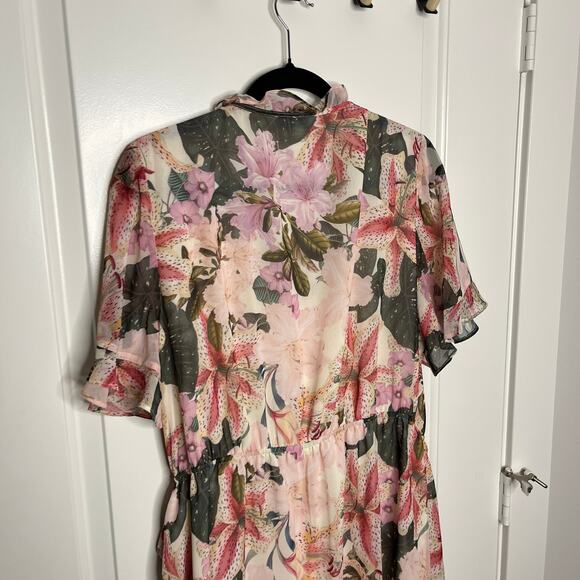 Estelle Women's Plus Size Wrap Dress Lily Print Size 1X 16W Pink Ruffle - Picture 5 of 10